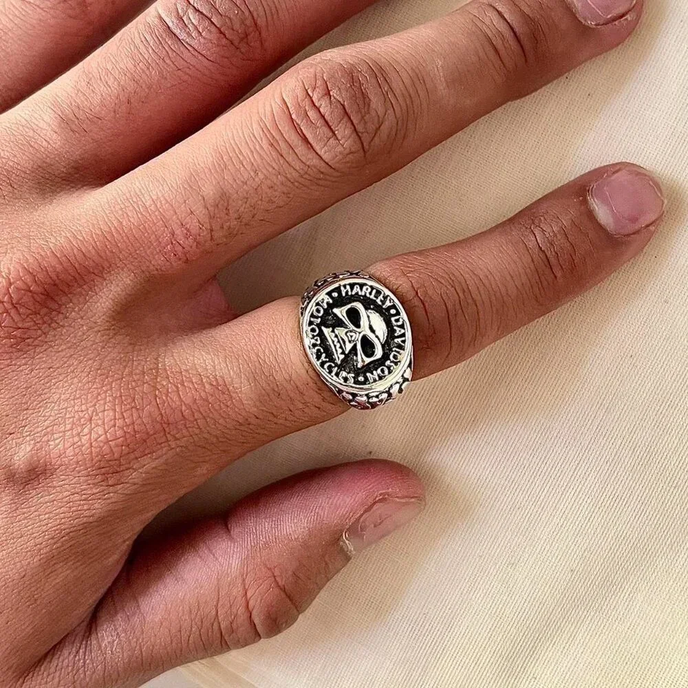 Vintage Harley biker flame skull silver chrome ring